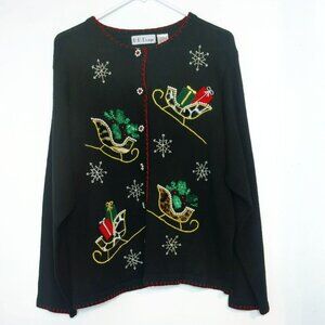 Vintage BP Design Ugly Christmas Sweater Black Cardigan Sleigh Design Womens XL
